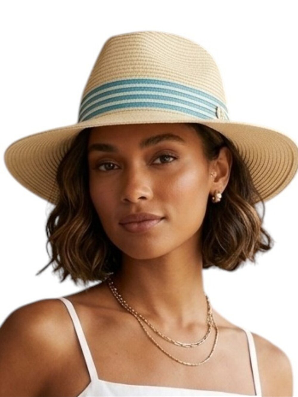 Adrienne Vittadini Straw Sun Hat Teal Blue Striped Band Gold Accent Beach